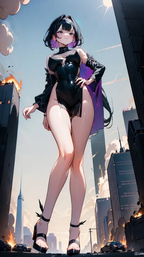 A voluptuous giantess in a tight black mini dress, with long raven-black hair and smoldering dark eyes, stands provocatively over a bustling modern city. Her stiletto heels crush cars and buildings, her legs spread wide as she leans forward to mock the tin...