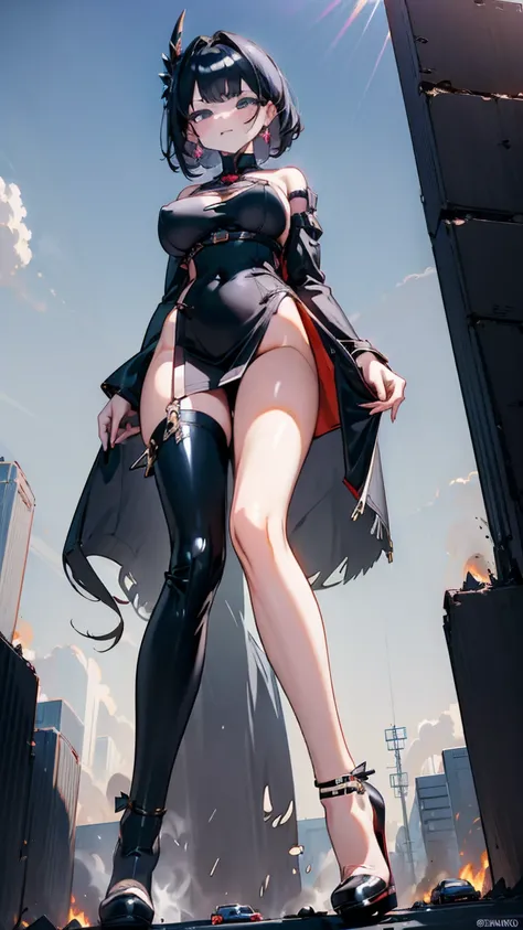 A voluptuous giantess in a tight black mini dress, with long raven-black hair and smoldering dark eyes, stands provocatively over a bustling modern city. Her stiletto heels crush cars and buildings, her legs spread wide as she leans forward to mock the tin...