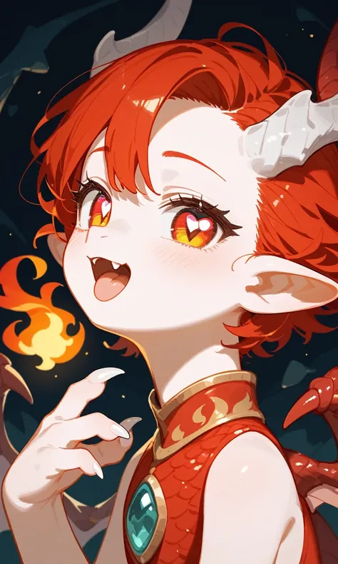 score_9, score_8_up, score_7_up, score_6_up, 1gir, red scales, gold eyes, red hair, dragon girl, white face, fang, fair skin, hatchling, adorable, playful, heart-shaped pupils, small claws, dynamic posing, masterpiece, best quality, highly detailed, cave b...