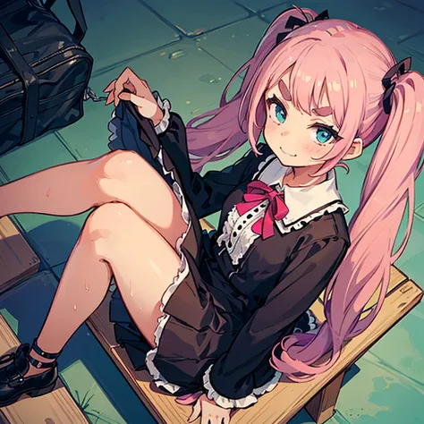 Girl with pink hair, long twintail hairstyle, ((small bushy eyebrows)), wearing gothic lolita clothing, lolicon , walking to school, flirty smile,, bored look, bored face,, (sitting with legs open lifting her skirt to show her vagina wet with semen),  male...