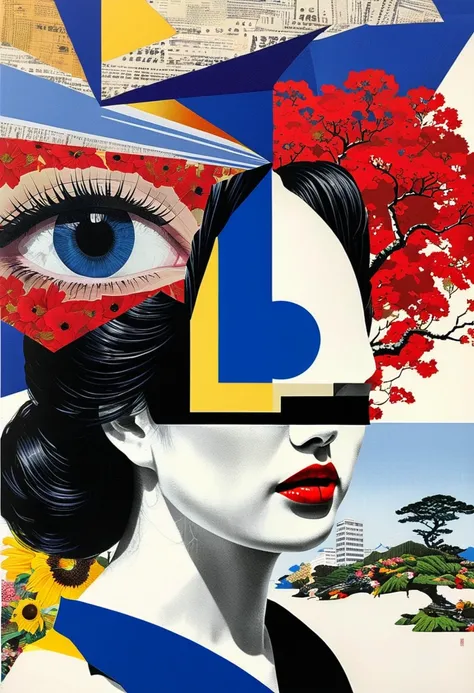 multi-laye红色of collage,photo montage,dadaist,Eye,扭曲of面孔,deconstructivist style, Cultural symbol,japonisme,Simplicity,Hiroshi Nagai,erik jones,引人注目of作品, 紧密裁剪of构图,excellent use of negative space,红色of,of,Klein Blue,Front view, One-point perspective,逼真of超细节, 