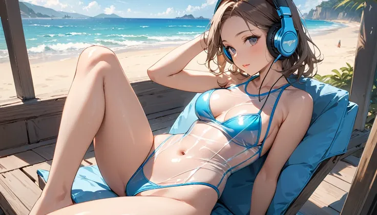 ((Top Quality)), ((Masterpiece)), ((Details)), perfect face, perfect body, sitting by the beach, listening to music, wearing headphones, wearing swimsuit, transparent swimsuit, wearing clothes exposing tight hips and breasts Woman with face visible, sittin...