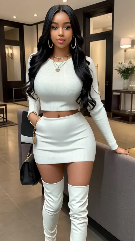 1girl in, age19, ligh skinned mixed black girl round face,solo,long black hair Colossal tits, looking at the camera, Full body, white pullover long sleeves covering hand fingers,necklace chain crop top,high waisted pleated tight mini skirt,Realistic, showi...