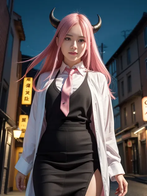 1girl, long pink hair, red horns, white collared shirt, black necktie, light smile, yellow eyes, corneo_power,, buildings,shops,town streets, dark sky, scenery,neon signs,night city, japanese lyrics,, , absurdres, detailed eyes, extremely detailed, volumet...