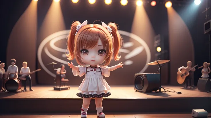 Anime Baby Chibi Cute、(((Chibi 3D))) (best quality), (concert stage)、(stand),Brown hairstyle、concert stage、detailed face、relax,(ผู้ชายstandถือกีต้า)