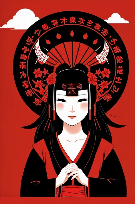 Image with the theme of Japanese culture, with a black and red background, including the phrase "Happiness has no end"