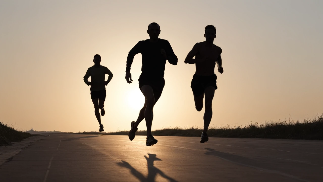 two silhouettes of man are running in front