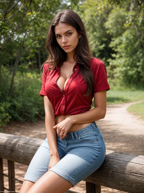 Sexy tall dark hair brunette, slightly wavy hair, 175cm tall, perfect body, in a casual short jeans and red shirt combo, sitting on a rustic wooden fence, with her shirt slightly unbuttoned, revealing a hint of cleavage, raw photo, realistic UHD, 8k, reali...