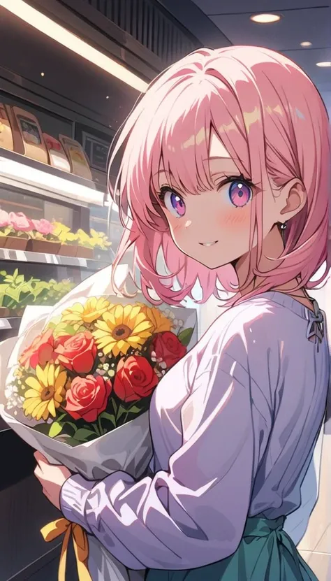 1 girl、Spring casual outfit、pastel colour、(Buy a bouquet at a florist)、Inside the store、City florist、Friendly atmosphere、(highest quality、masterpiece、High resolution、detailed)animeスタイル、flat style、(Shining Eyes、detailed美しい顔),  BREAK,anime