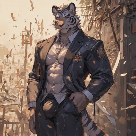 {{bara extremely handsome white tiger,}} {{white fur,}} white, wearing elegant ornate suit jacket, trousers, white dress shirt and necktie, white fluffy furry body and limbs, loafers, very tall, very broad shoulders, narrow waist, muscular arms, massive pe...