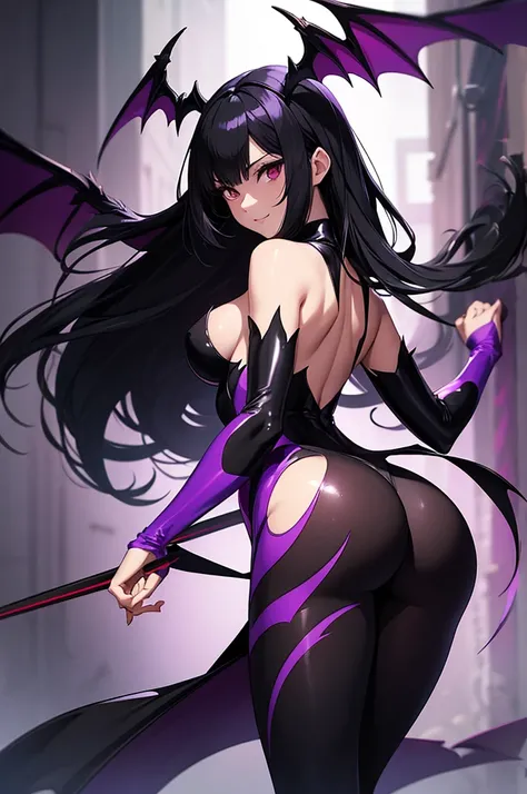 Draw a face carefully　High quality anime style faces　Black Hair　Black full body suit　Purple pantyhose with bat print　Attractions　Laughter　Morrigan Aensland　Rear View