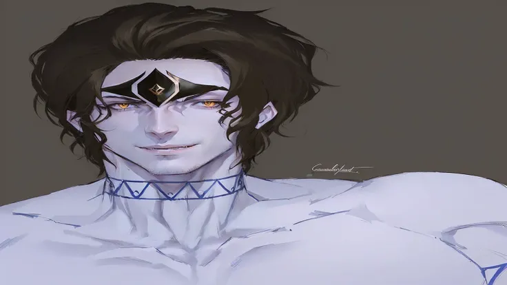 a close up of a man with a very large chest and a very large chest, Caleb from Critical Role, handsome guy in demon slayer art, delicate androgynous prince, cute androgynous prince, Djinn Human Hybrid, male djinn man demon hybrid, highly detailed exquisite...