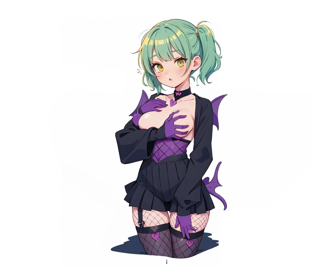 succubus costume, small demonic wings, adolescent, hands on chest, keep positioning, (retain current body proportions), thin black heart shaped tail, black Japanese outfit with purple accents, (large breasts), demonic, (fishnet stockings)