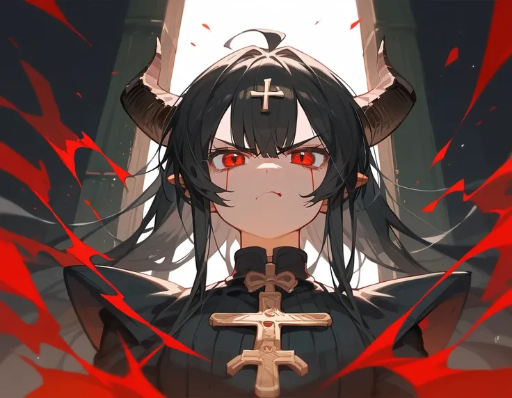 One Girl, Demon Horns, Red eyes, grumpy, cross-legged, black hair, jitome, , masterpiece, best quality, high quality, ultra detailed