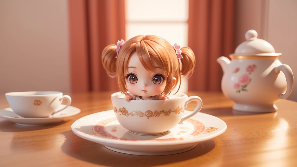 Anime Baby Chibi Cute、(((Chibi 3D))) (best quality), (table top)、Brown hairstyle、Chibi Housing Exhibition、sample room、detailed face、relax