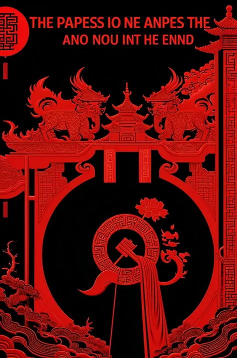 Image with the theme of Chinese culture, with a black and red background, including the phrase "Happiness has no end"