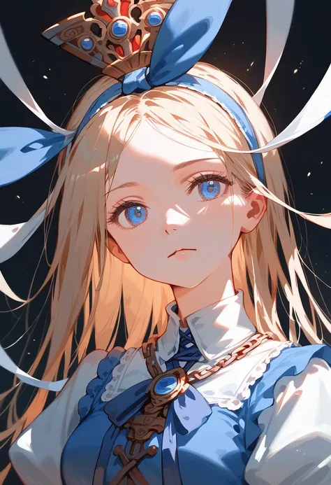 One girl, masterpiece, Highest quality, 8K, Detailed skin texture, Detailed cloth texture, Beautifully detailed face, Intricate details, Super detailed, Alice in Wonderland, (A ribbon on her head:1.1), Upper Body