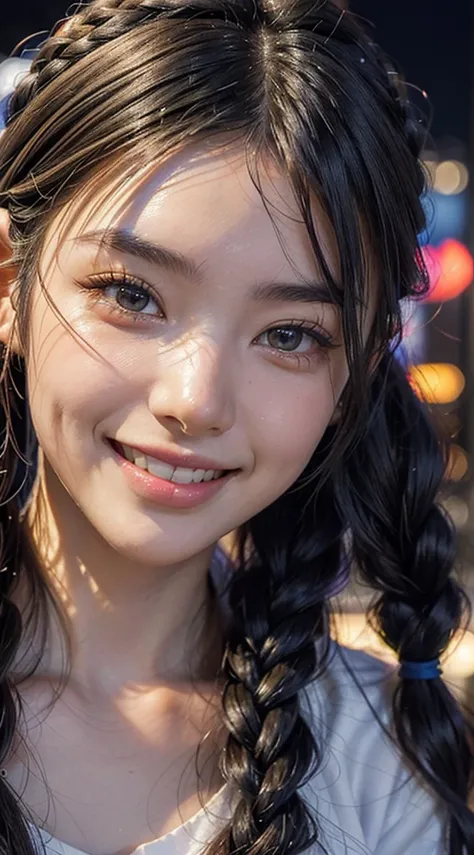 cute 22 year old,1 girl,Slim face Tokyo Street,night, cityscape,city lights, ((face close up:1.5)),((smile showing white teeth)),((high twin tail)),((colorful braided ornament))close, 8k, RAW photo, highest quality, masterpiece,realistic, photo-realistic,