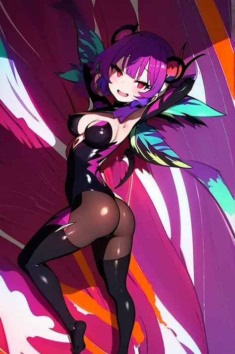 Draw a face carefully　High quality anime style faces　Black Hair　Black full body suit　Purple pantyhose with bat print　Attractions　Laughter　Morrigan Aensland　Rear View