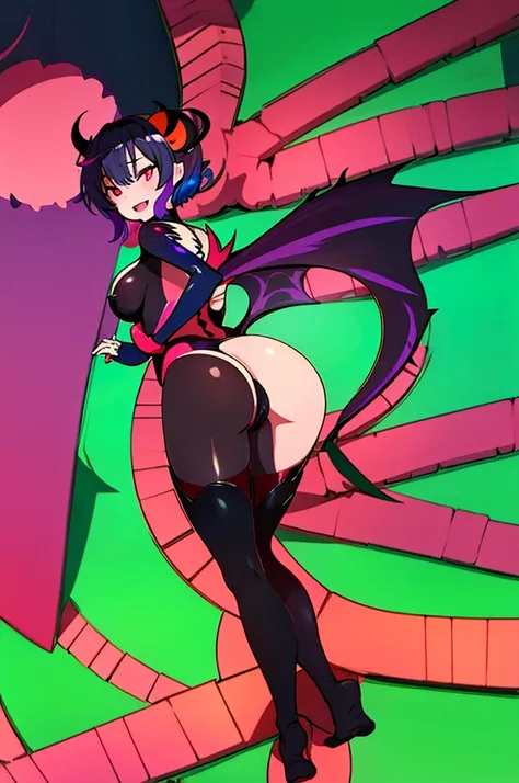 Draw a face carefully　High quality anime style faces　Black Hair　Black full body suit　Purple pantyhose with bat print　Attractions　Laughter　Morrigan Aensland　Rear View