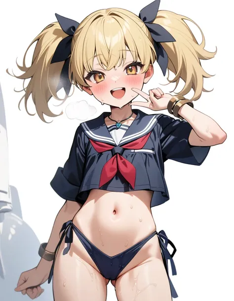 1girl, ((henreader)), newest, solo, 10yo, younger, aged down, little, blond hair, twintail, groin, serafuku, revealing clothes, side tie, necklace, bracelet, standing, contrapposto, head tilt, :d, smile, naughty, mesugaki, blush, sweat, wet, vulgarity, whi...