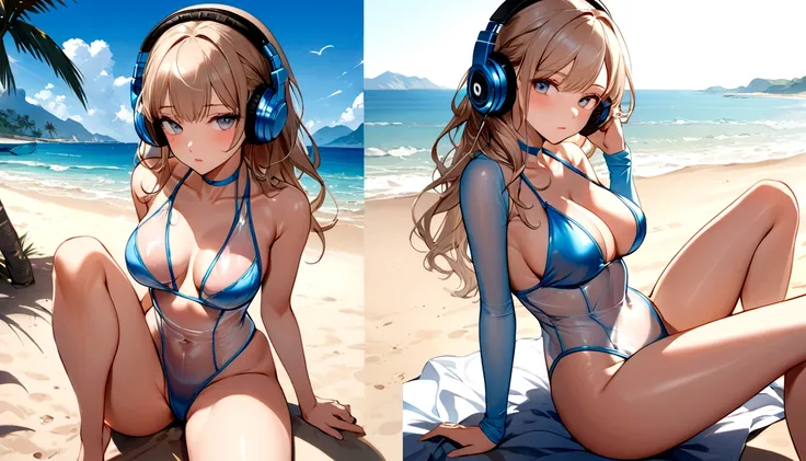 ((Top Quality)), ((Masterpiece)), ((Details)), perfect face, perfect body, sitting by the beach, listening to music, wearing headphones, wearing swimsuit, transparent swimsuit, wearing clothes exposing tight hips and breasts Woman with face visible, sittin...