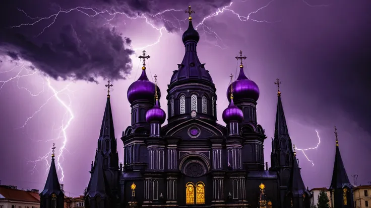 darkest atmosphere, dark purple & black storm clouds during the night, darkness, lightning, panoramic façade of a black cathedral with purple onion domes, background