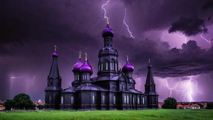 darkest atmosphere, dark purple & black storm clouds during the night, darkness, lightning, panoramic façade of a black cathedral with purple onion domes, background