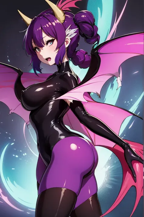 Draw a face carefully　High quality anime style faces　Black Hair　Black full body suit　Purple pantyhose with bat print　Attractions　Laughter　Morrigan Aensland　Rear View