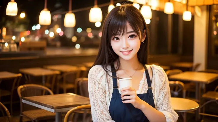 Cute girl working at a cafe terrace　Japanese　１９age　
Professional Lighting　Digital SLR　Beautiful and elaborate face　Perfect and beautiful face　Big eyes Smile