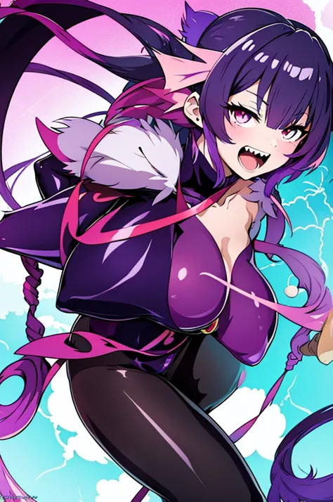 Draw a face carefully　High quality anime style faces　Black Hair　Black full body suit　Purple pantyhose with bat print　Attractions　Laughter　Morrigan Aensland　Rear View