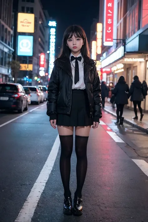 (photographed in full length)、уличнаi съемка、a baby-faced girl in a short skirt and bow tie stands on a neon street at night..(h...