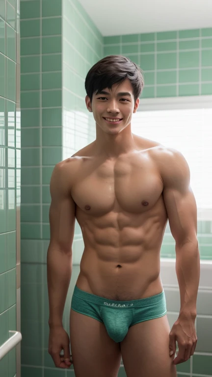 Japanese men、A slender but strong body trained at the gym、Smooth skin with light sweating、Anatomically correct body、Sit with your legs wide open、Smiling with wide open mouth、Relaxed atmosphere、The whole body is visible、Showing off some cool light green, ve...