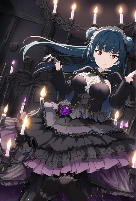 Yoshiko Tsushima　Blue Hair　Red Eye　Semi-long hair　Right bun hairstyle　Gothic Lolita Fashion　Black wings　stockings　magic circle　smile　Large Breasts　Dark Room　night　Candle