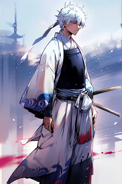 young adult, male, samurai clothing, standing pose, town background. white hair, samurai armor