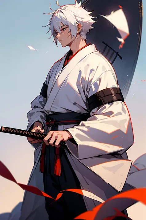 young adult, male, samurai clothing, standing pose, town background. white hair, samurai armor