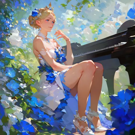 (score_9,score_8_up,score_7_up,) woman in fancy dress leaning over an upright grand piano at dusk with flowers around, 1girl, dr...