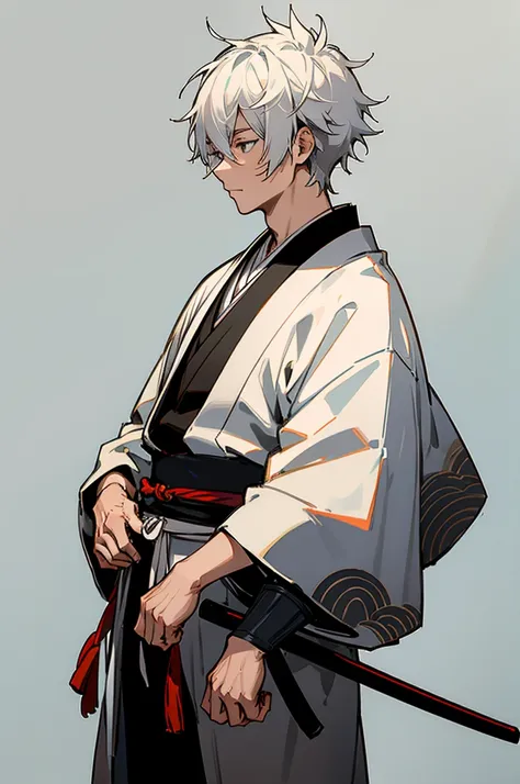 Young Adult, male, samurai Clothing, Standing pose, Town background. white hair, samurai armor