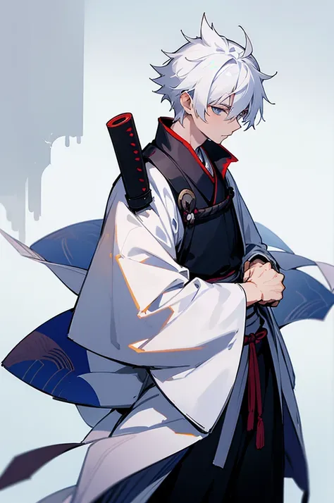 young adult, male, samurai clothing, standing pose, town background. white hair, samurai armor