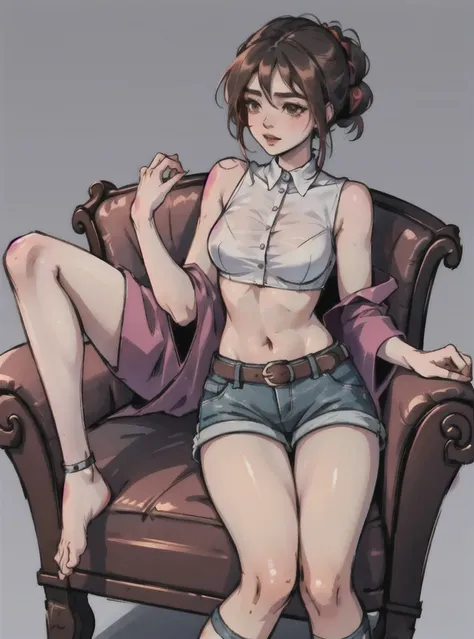 una joven de 20 años sitting en el armchair de su casa tiene calor, 1 girl, medium breasts, BROWN SKIN, Alone, black fur, updo hair, red sleeveless shirt, black unbuttoned denim shorts, unbuckled belt, view of underwear, sighing, hand on chest, sitting, ar...