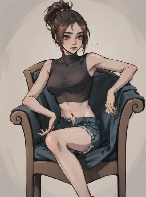 una joven de 20 años sitting en el armchair de su casa tiene calor, 1 girl, medium breasts, BROWN SKIN, Alone, black fur, updo hair, red sleeveless shirt, black unbuttoned denim shorts, unbuckled belt, view of underwear, sighing, hand on chest, sitting, ar...