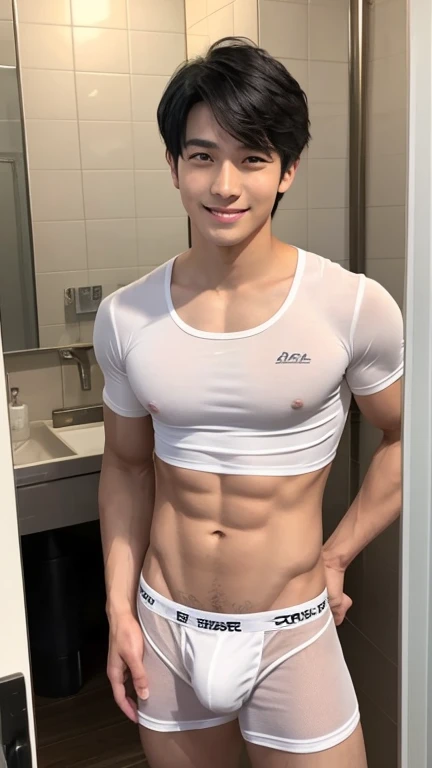 Japanese men、A slender but strong body trained at the gym、Smooth skin with light sweating、Anatomically correct body、Sit with your legs wide open、Smiling in a friendly manner、Relaxed atmosphere、The whole body is visible、Showing off some cool, sheer, white, ...