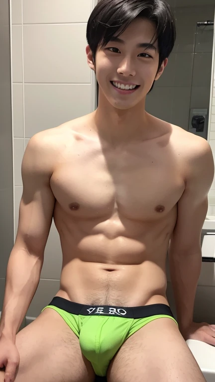 Japanese men、A slender but strong body trained at the gym、Smooth skin and sweat、Anatomically correct body、Sit with your legs wide open、Smiling with wide open mouth、Relaxed atmosphere、The whole body is visible、Showing off some cool light green, very reveali...