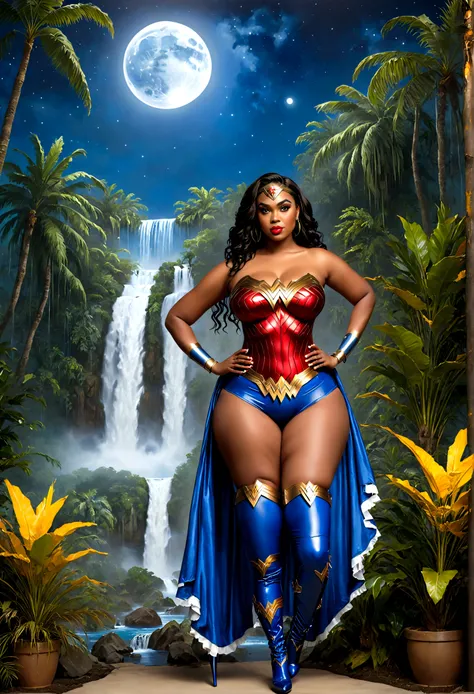 FULL BODY VIEW: 4K glossy oil painting of a plus-size African American woman as Wonder woman, standing in full body view, in a pose, wearing a wonder woman inspired top with blue jeans, detailed high heels boots & matching handbag. background beautiful out...