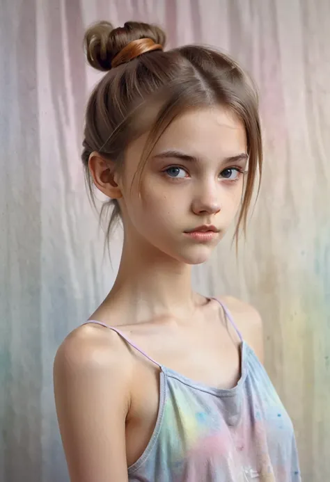 (cinematic photo: 1.3) from (really: 1.3), (comfortable: 1.3) beautiful 12 year old girl, (difficult messy bun of light brown ha...