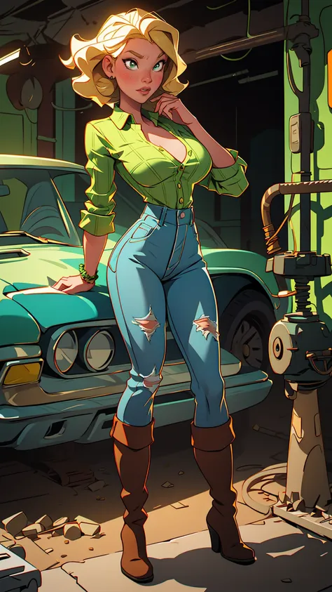 1 woman, blonde woman, curly hair , green eyes , sly face , green plaid shirt , big breasts, cowboy jeans, long legs ,  stretch ...