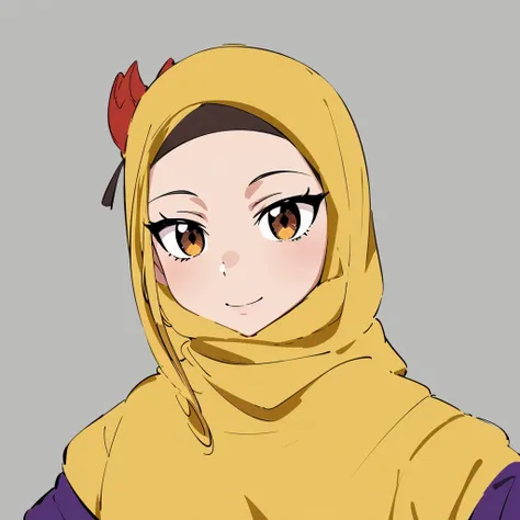 ((masterpiece, best quality)), ((ultra quality)), ((highly detailed)), 1girl, solo, hijab, yellow gold hijab, orange light eyes,...