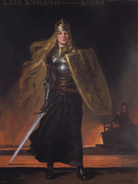 painting of a woman in armor with a sword and shield, ledmund leighton, by Marie Krøyer, portrait of female paladin, by Peder Severin Krøyer, she is holding a sword, joan of arc, female paladin, portrait of a woman warrior, daniel, isolde, inspired by Júlí...