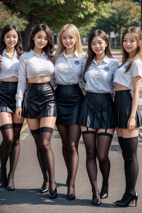 ((There are four people:1.8))、(4 sisters)、gal、(neon street)、(Four tall high school girls with model-like figures:1.8)、(Standing facing this), Full body photo shoot、(Group photo of gals on school trip:1.7)、(wide thighs, very long legs), high heels on the gr...