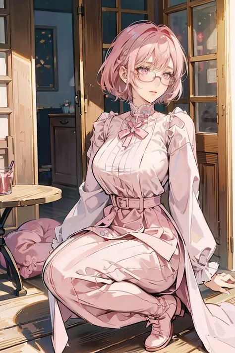 anime - (masterpiece), best quality, seductive eyes, mature face, pink eyes, short length pink hair, plain white long sleeve, pink long skirt, pink boots, round glasses, tall woman, long legs, adult-like female, 1girl, big breast, shy face, shy pose
